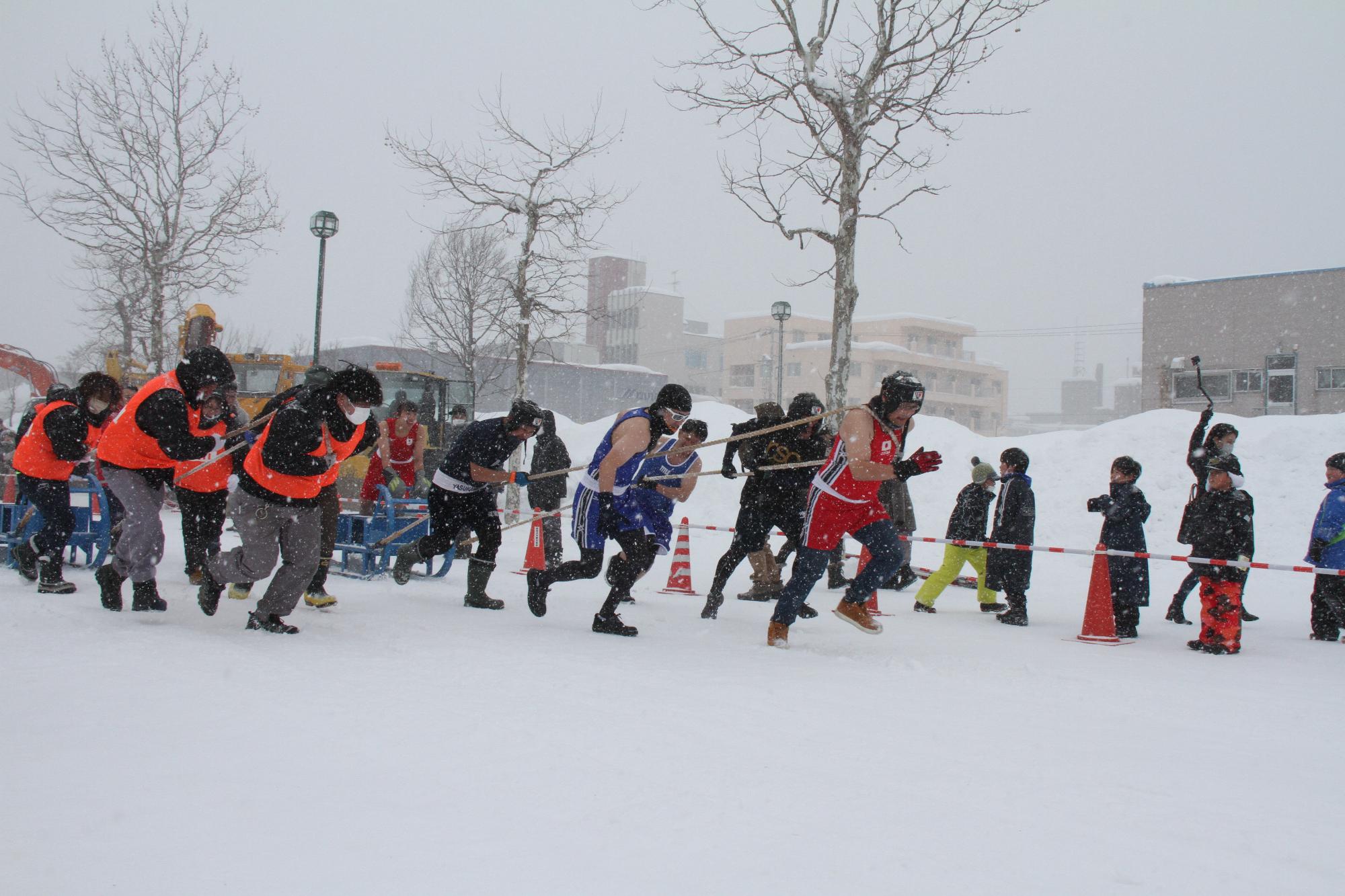 第33回いわみざわドカ雪まつりで、数人の男性がばんばのそりを引いて競争している人間ばんばの様子が写った写真