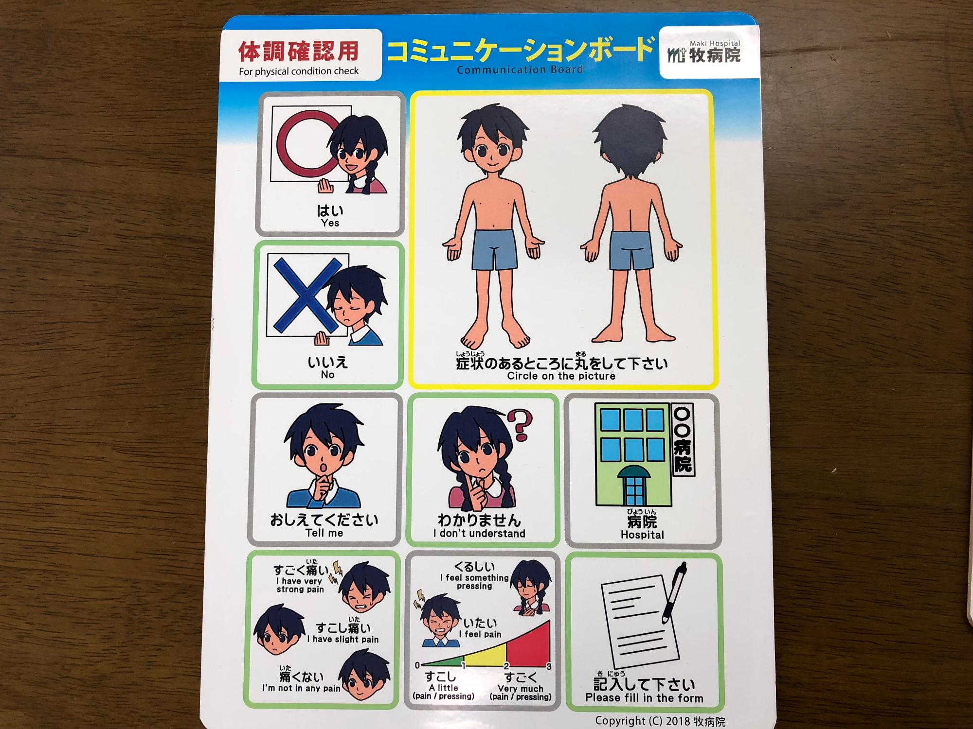 今の気持ちや痛い所などが書かれた指さし会話用のコミュニケーションボードの写真