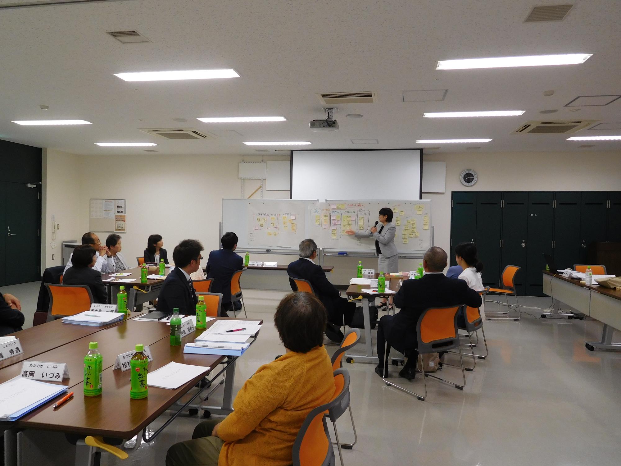討論し内容をホワイトボートでまとめている様子の写真