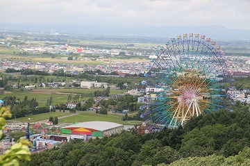 高台から見下ろす形で右側に遊園地の観覧車、奥に市街地の街並みが写っている写真