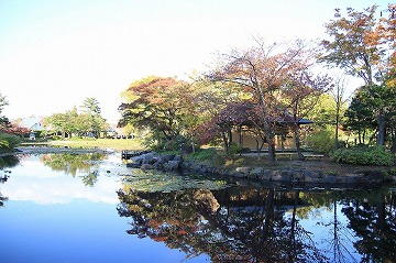奥にある紅葉した木々や建物が手前の池に写っている写真