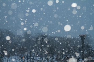 右側に塔が写り、雪が降っている様子の写真