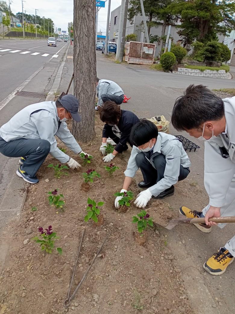 道路の花壇を手入れする、及川産業株式会社の方々