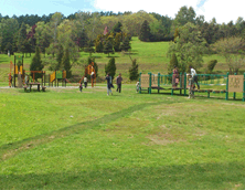 アスレチック遊具が並ぶいわみざわ公園の写真