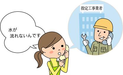水が流れないことを指定工事業者へ電話しているイラスト