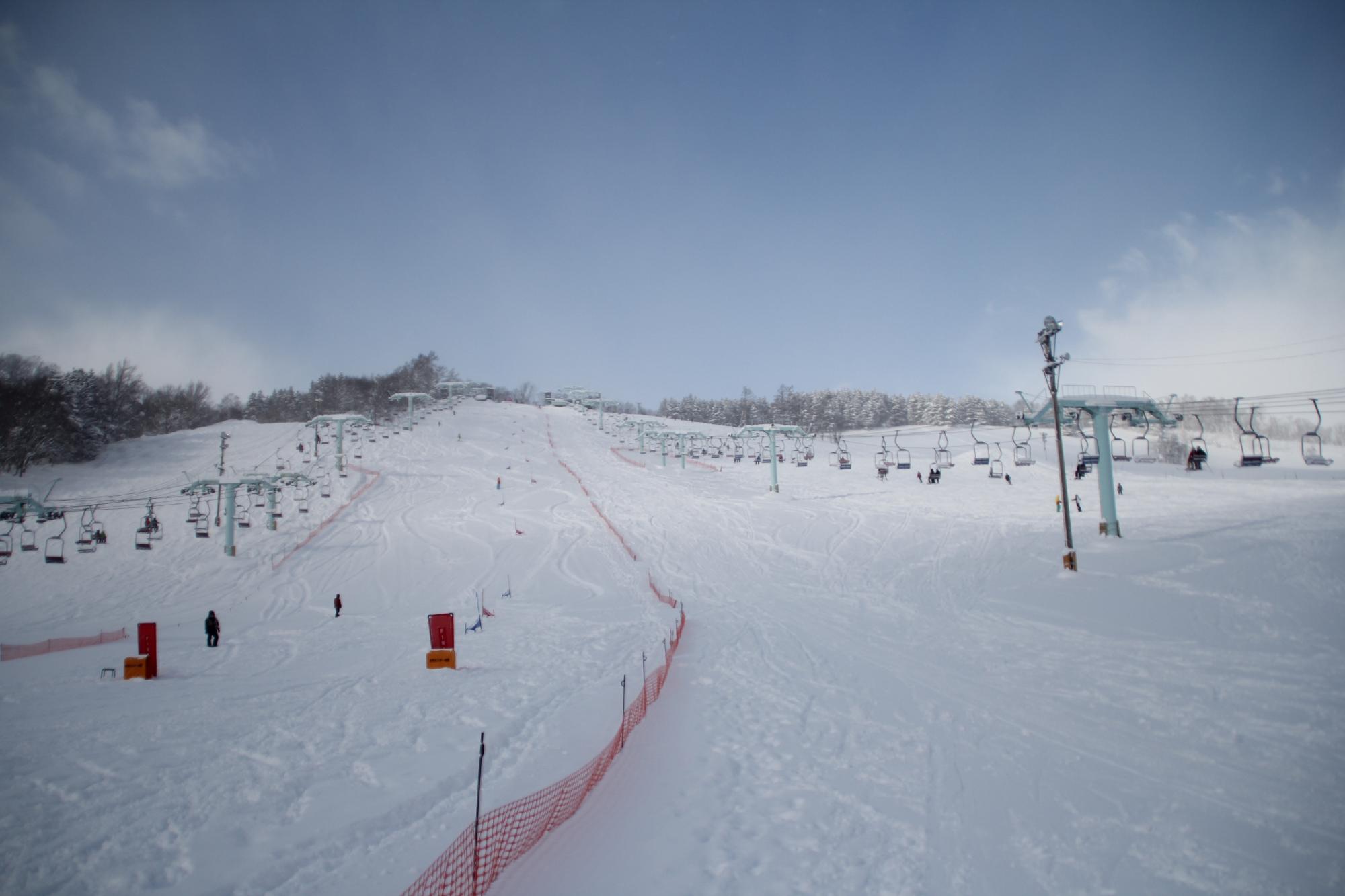 雪が積もったスキー場で、左右に山の上まで伸びるリフトがあり中央にはポールをさした競技コースがある、萩の山市民スキー場の写真