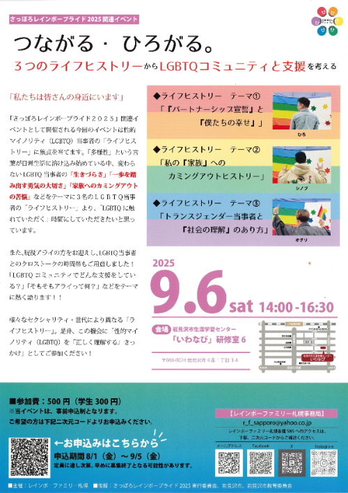 「つながる・ひろがる。3つのライフヒストリーからLGBTQコミュニティと支援を考える」チラシの画像