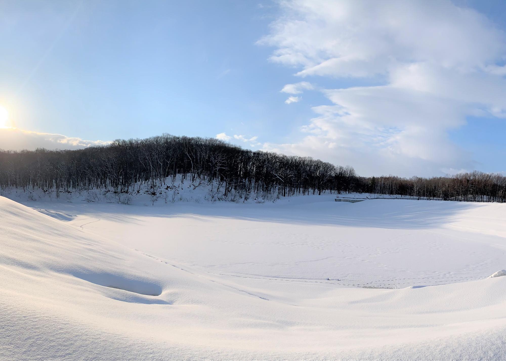 凍った湖面に雪が積もった冬季の大正池の画像