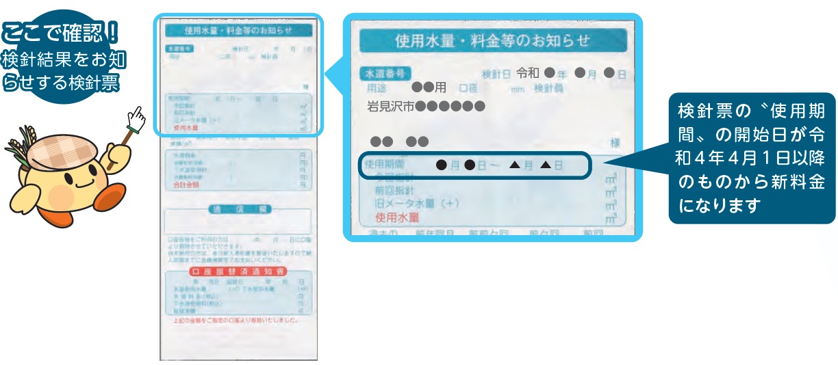 検針票に記載されている「使用期間」の開始日が令和4年4月1日以降のものから新料金になることを示している検針票の画像