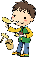 お皿を手にして立ったままお餅を食べている男の子と、小さな臼と杵が描かれたイラスト