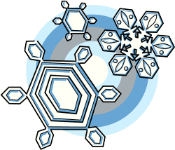 六角形や星形などの3種類の雪の結晶が、ブルーとグレーの層でできた輪の中で光っている様子のイラスト
