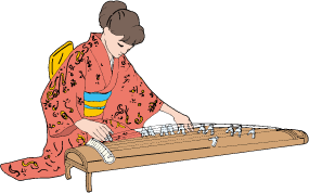 着物姿の女性が両手で琴を弾いているイラスト