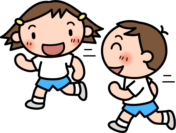 体操着姿の男の子と女の子が、笑顔でかけっこをしているイラスト