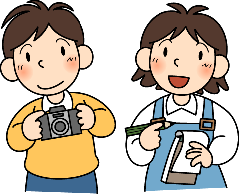 カメラを持った男の子と、鉛筆とメモを持った女の子のイラスト