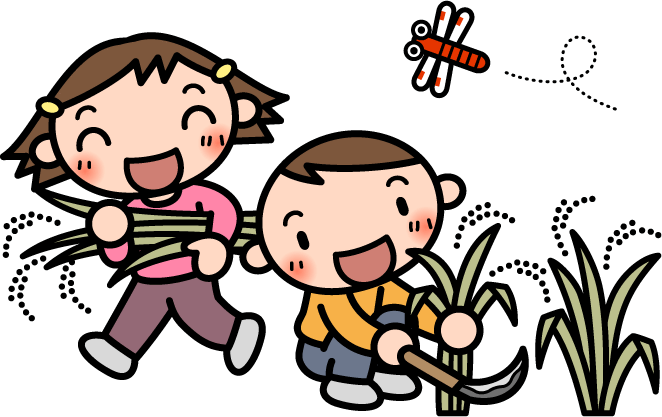 手に鎌を持って楽しそうに稲刈りをする男の子と、刈り取った稲を持っている笑顔の女の子のイラスト