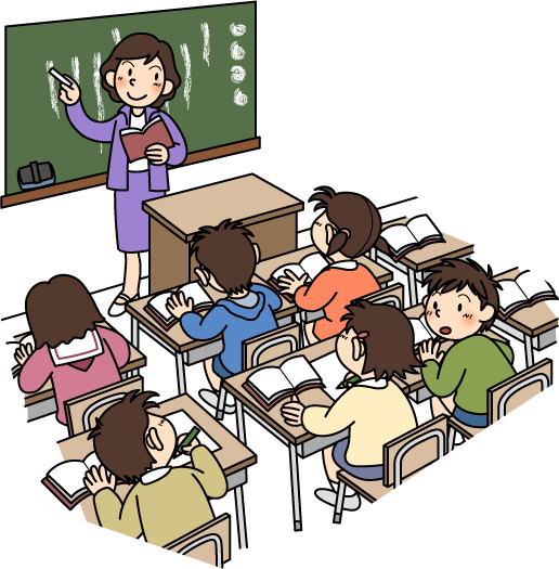 黒板の前で本とチョークを手に立っている女性と本を広げ鉛筆を手に机に座る6名の児童のイラスト