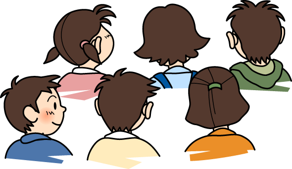 3人ずつ2列に並ぶ6人の男女の子どもたちの後ろ姿を描いたカラーイラスト