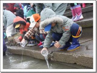 プラスチックのコップに入ったサケの稚魚を川に放流する子供たちの写真