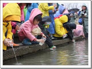 川べりに並んでプラスチックのコップに入ったサケの稚魚を川に放流するカラフルなコートを着た子供たちの写真