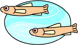 水をイメージした水色の円の中で二匹の稚魚が仲良く泳いでいる様子のイラスト