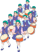 緑のベレー帽に上下紫の衣装を着た9名の男女が2列になり小太鼓を叩いて行進している様子のイラスト
