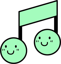 緑色の8分音符の2つのたまの部分に笑っている目と口が描かれた可愛らしいイラスト