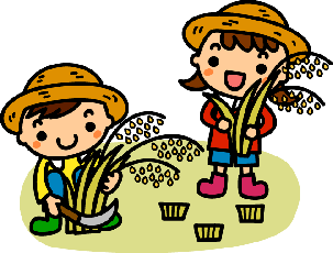赤い服の女の子と黄色い服の男の子が稲刈りをしているイラスト