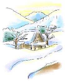 山あいの一軒家が雪に覆われている様子のイラスト