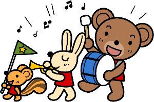 リスとウサギとクマが、列になって楽器を演奏しているイラスト