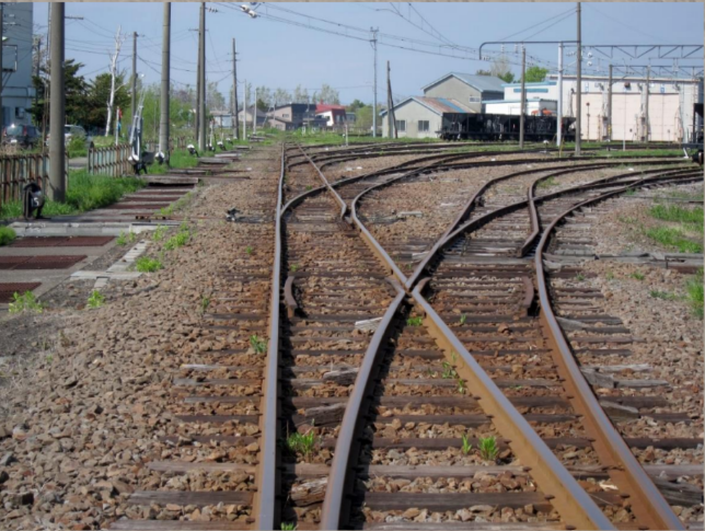 二股に分かれている鉄道の線路の写真