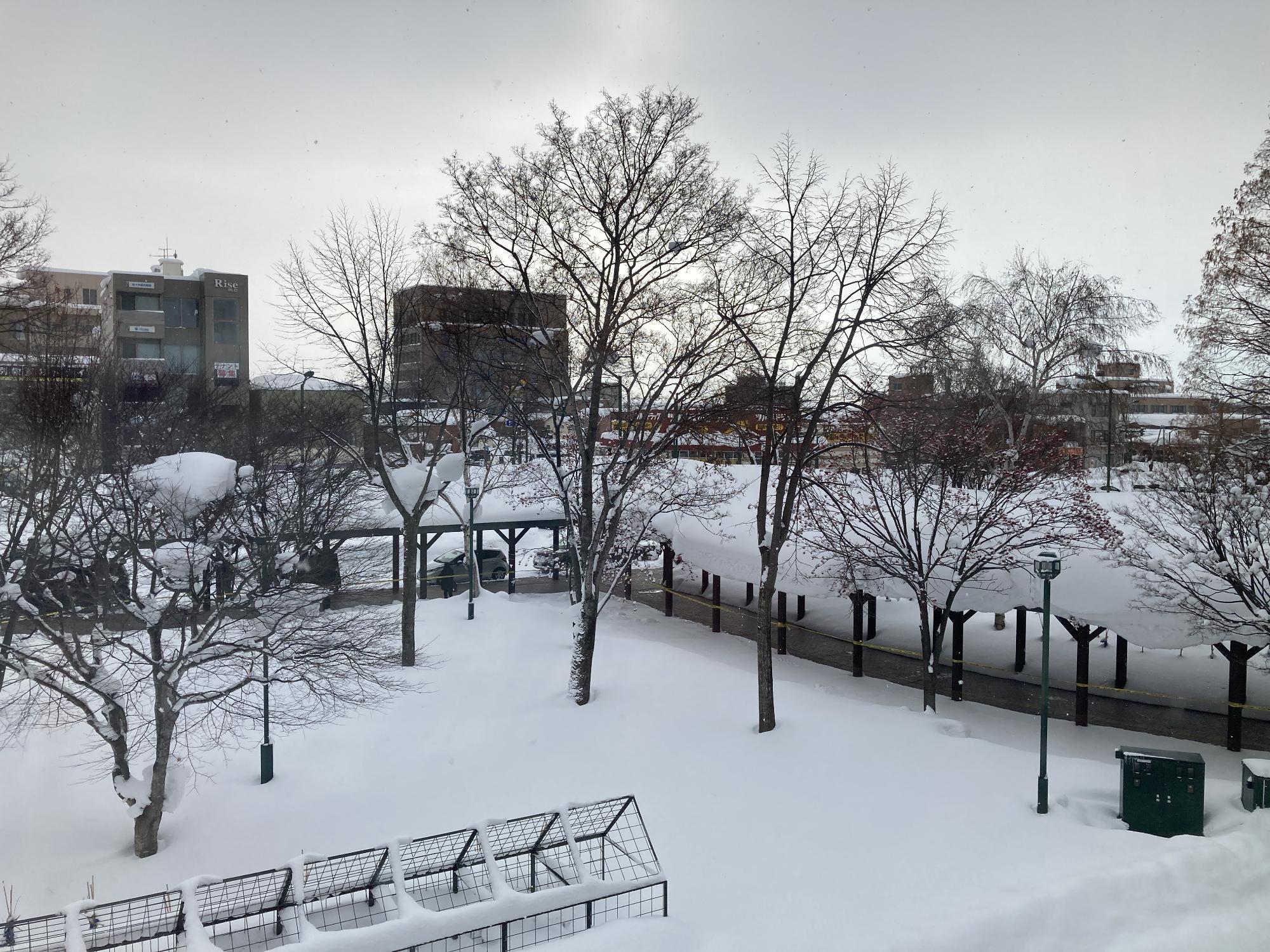 雪が積もった岩見沢駅前のロータリーの様子を上から撮影した写真