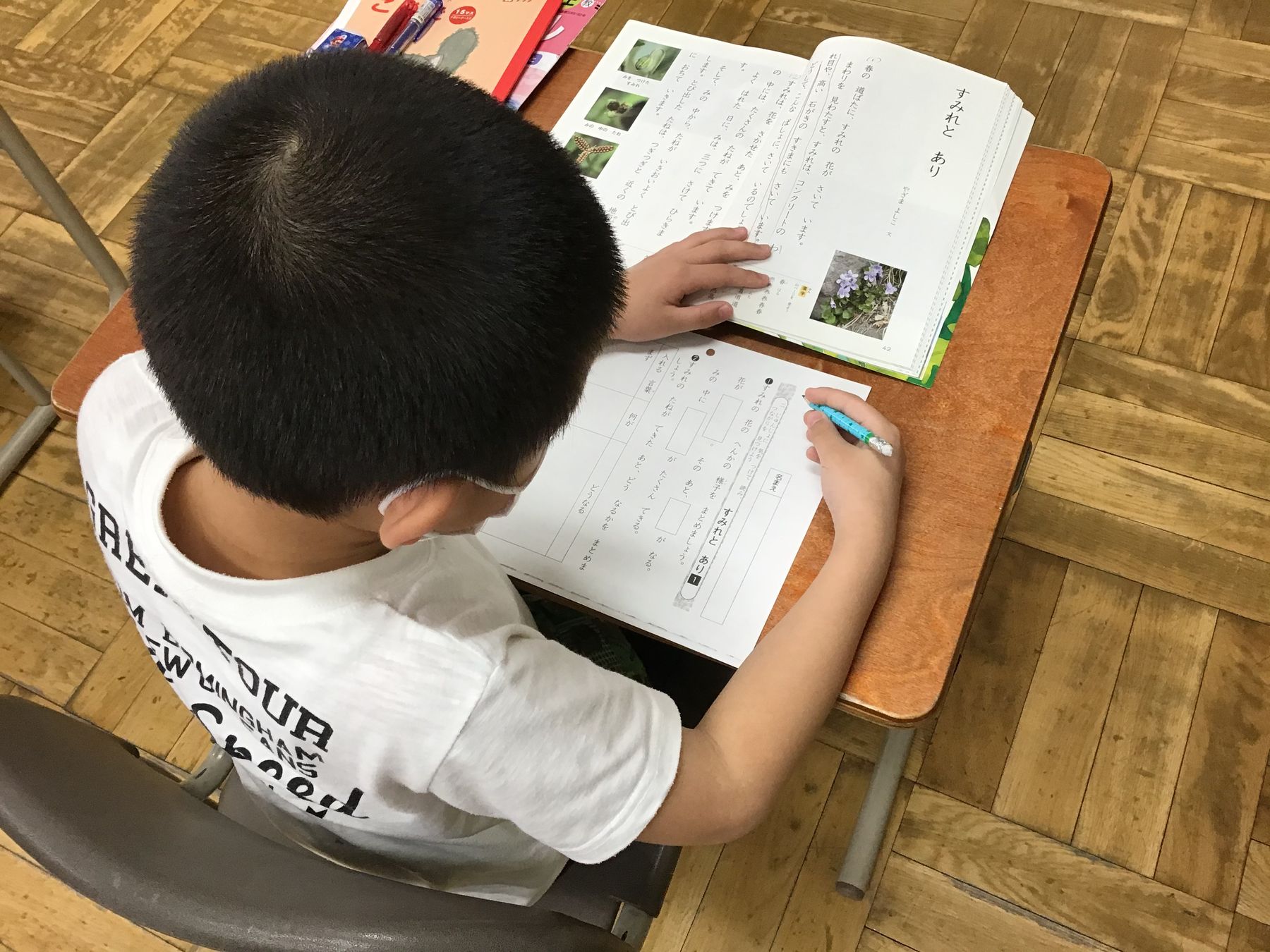 教室の机に向かい、教書を見ながら問題を解く男の子の写真